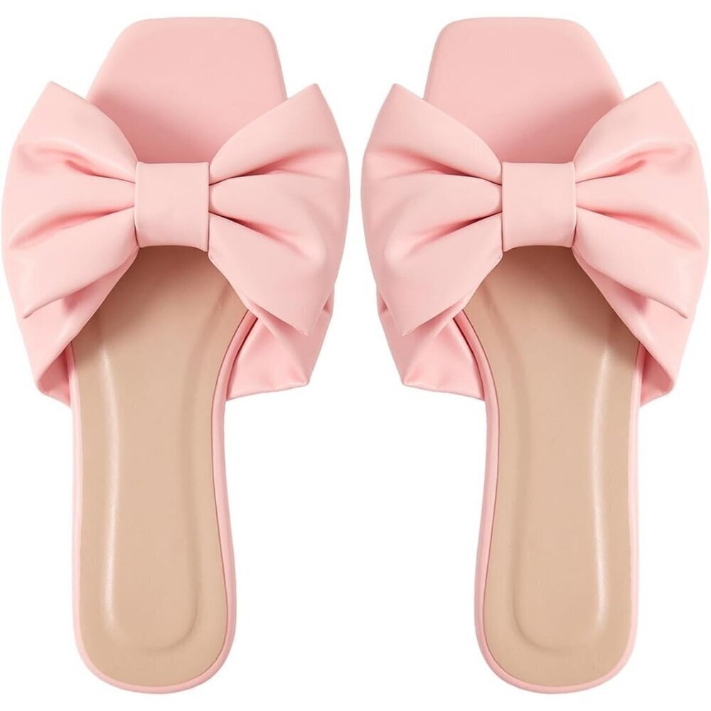 Women's Bow Pink Square Open Toe Breathable Slip On Slide Sandals Flat Shoes